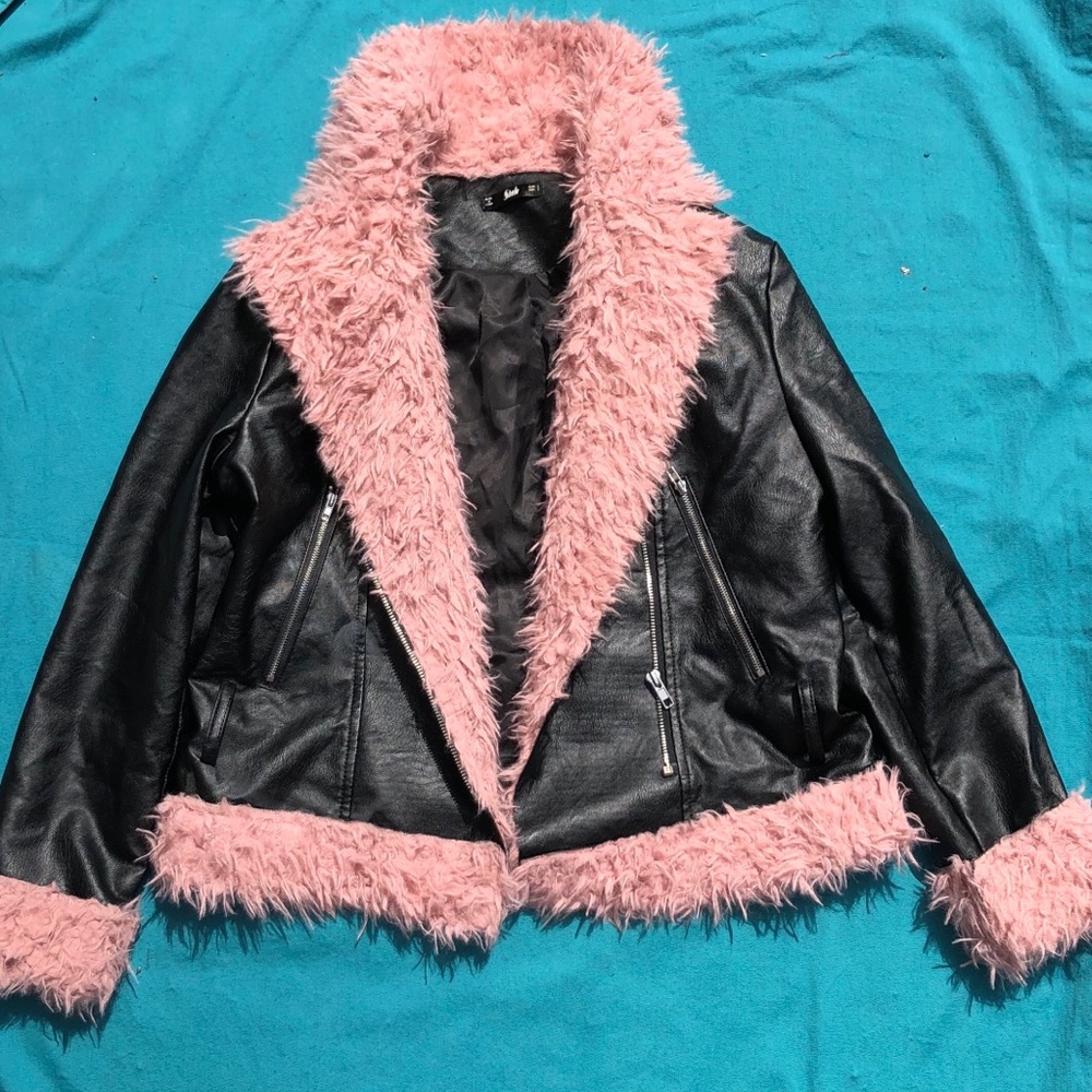 Faux Leather Jacket with Faux Fur Pink Trim